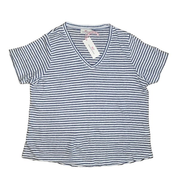 Vineyard Vines NWT linen jet stripe deep bay navy white striped breathable tee L - Picture 3 of 9